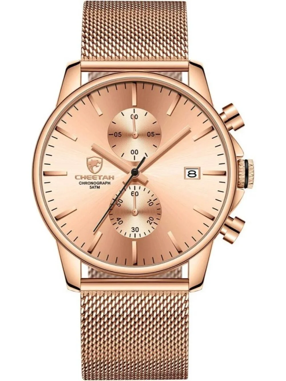 Men's Rose Gold Mesh Stainless Steel Minimalist Quartz Analog Chronograph Watch